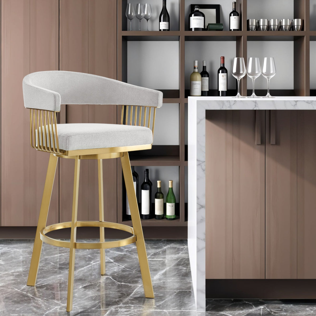 30'' Silver and Gold Fabric and Stainless Steel Low Back Bar Height Swivel Bar Chair