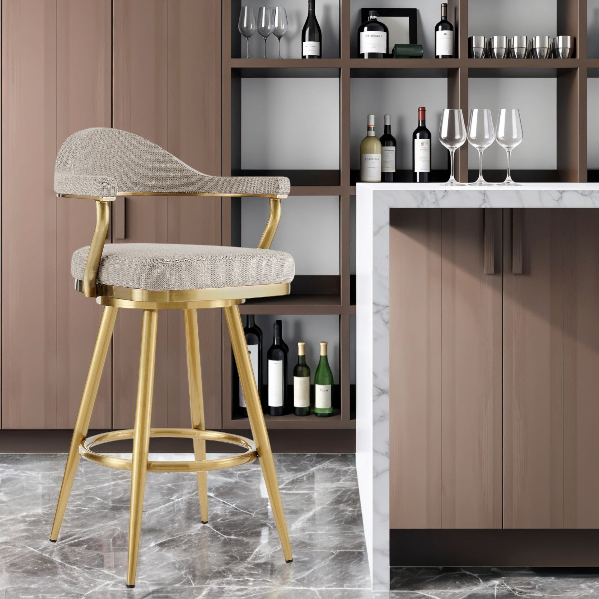 30'' Taupe and Gold Fabric and Stainless Steel Bar Height Swivel Bar Chair