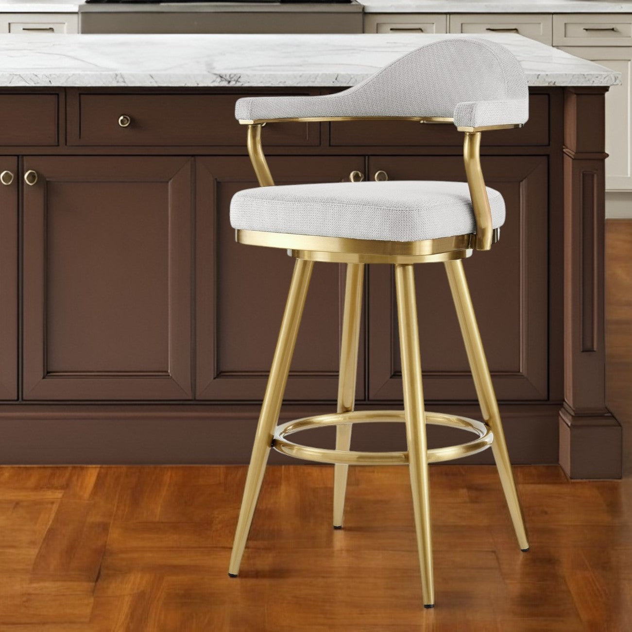26'' Silver and Gold Fabric and Stainless Steel Counter Height Swivel Bar Chair