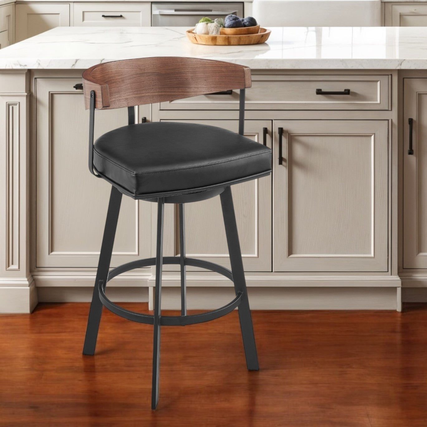 26'' Black and Brown Faux Leather and Iron Low Back Counter Height Swivel Bar Chair