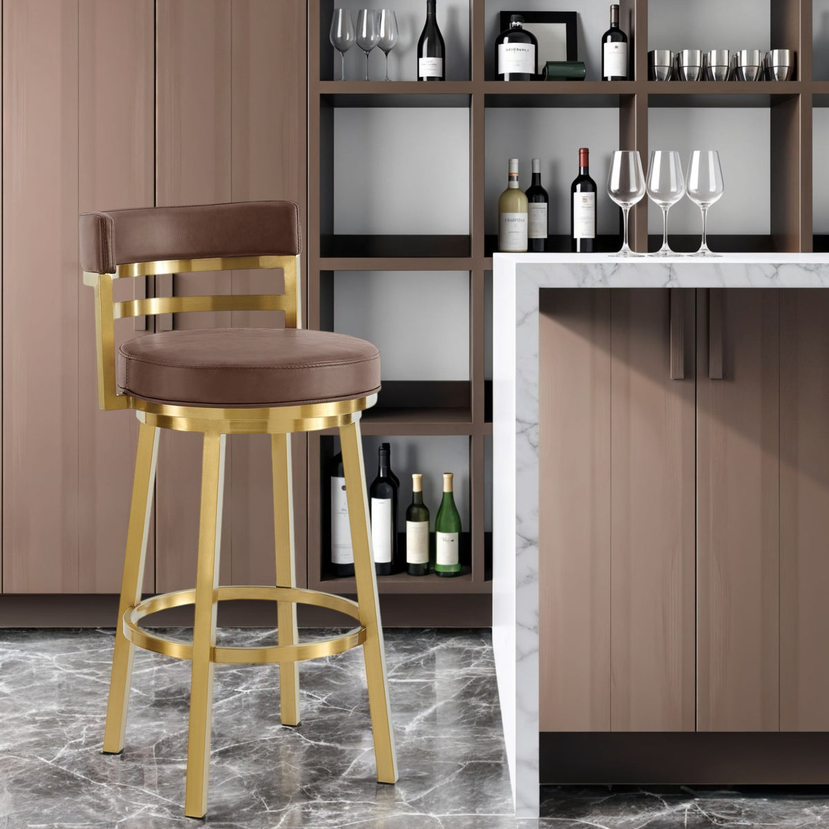 30'' Coffee and Gold Faux Leather and Stainless Steel Low Back Bar Height Swivel Bar Chair