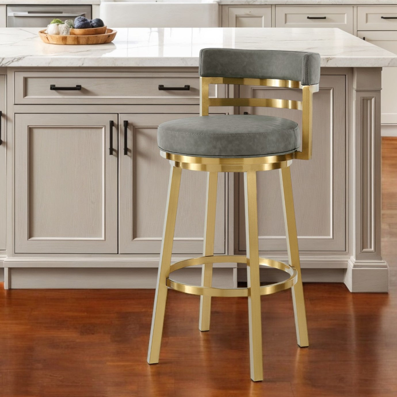 26'' Gray and Gold Faux Leather and Stainless Steel Low Back Counter Height Swivel Bar Chair