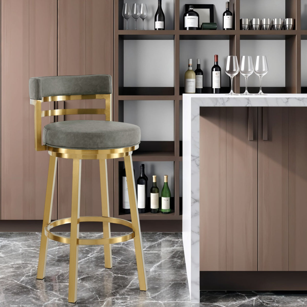 30'' Gray and Gold Faux Leather and Stainless Steel Low Back Bar Height Swivel Bar Chair