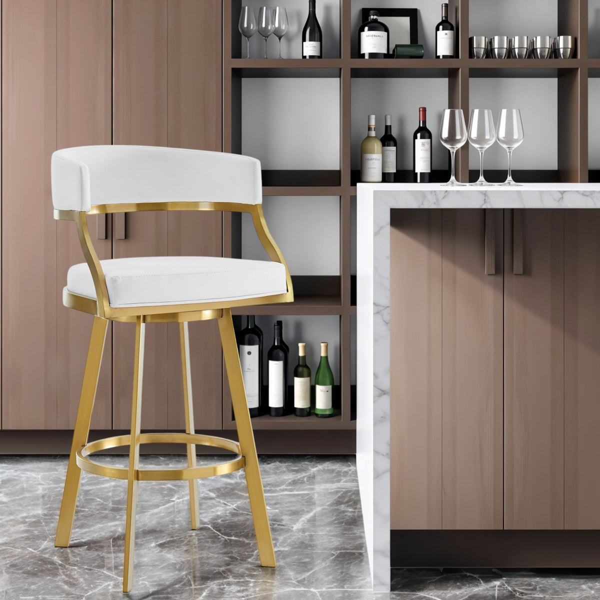 30'' White and Gold Faux Leather and Stainless Steel Low Back Bar Height Swivel Bar Chair