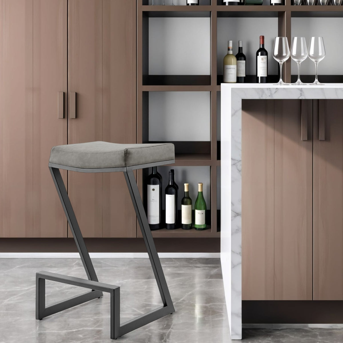 30'' Gray and Black Faux Leather and Iron Backless Bar Height Bar Chair