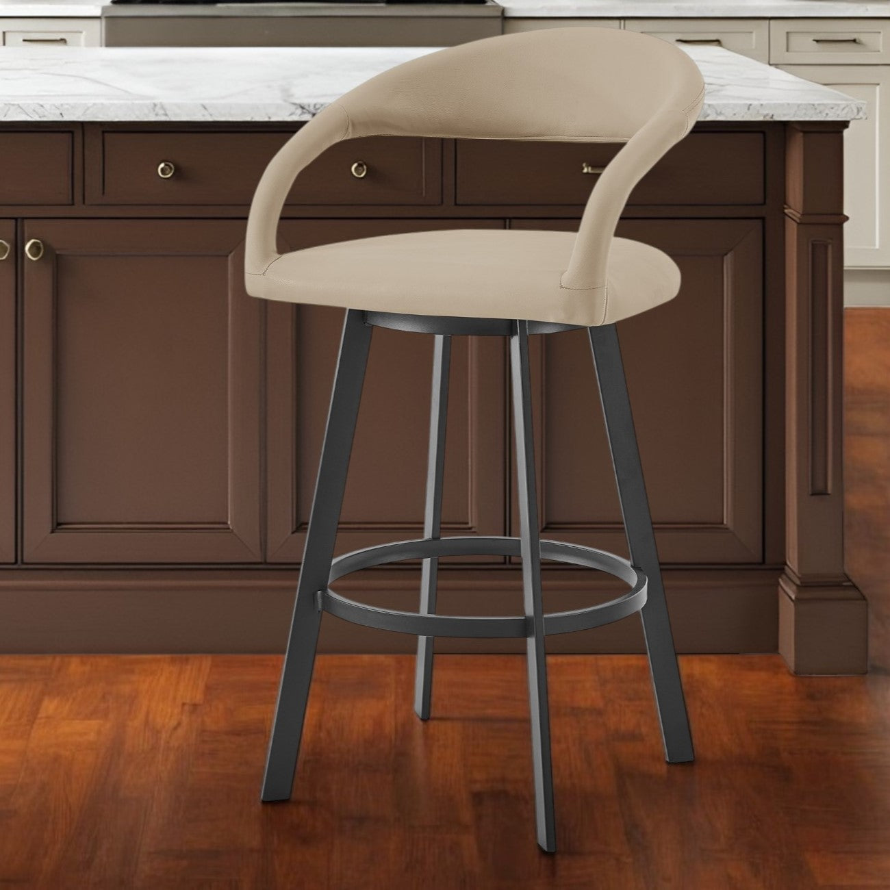 26'' Beige and Black Faux Leather and Iron Low Back Counter Height Swivel Bar Chair