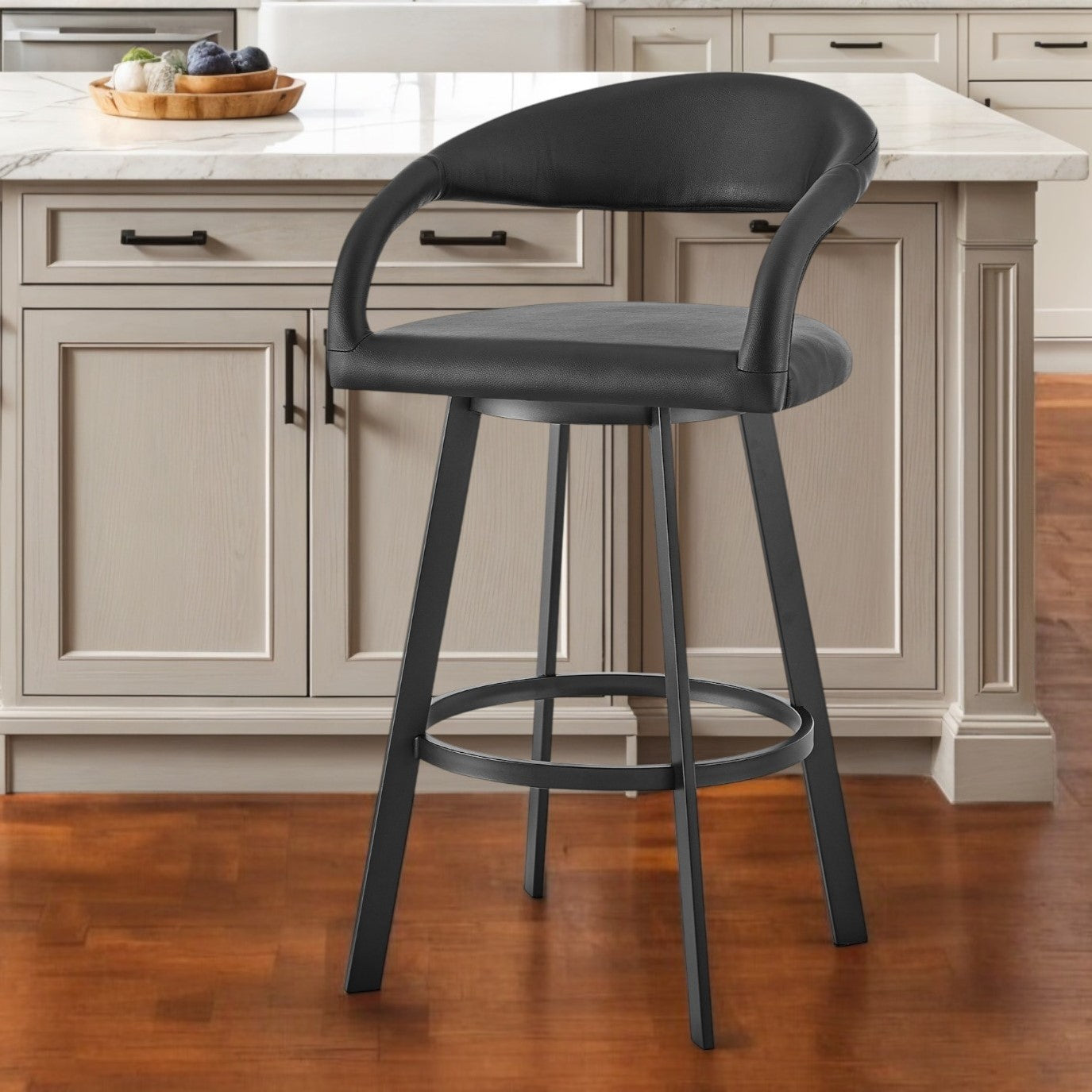 26'' Black Faux Leather and Iron Low Back Counter Height Swivel Bar Chair