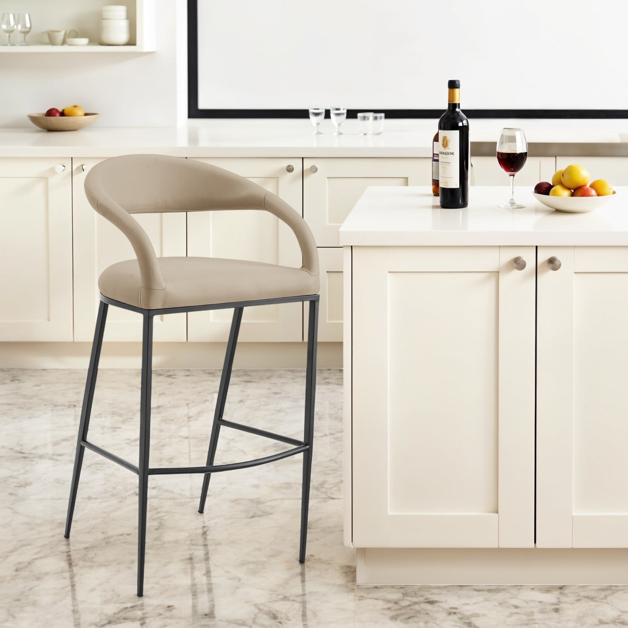 30'' Beige and Black Faux Leather and Iron Low Back Bar Height Bar Chair