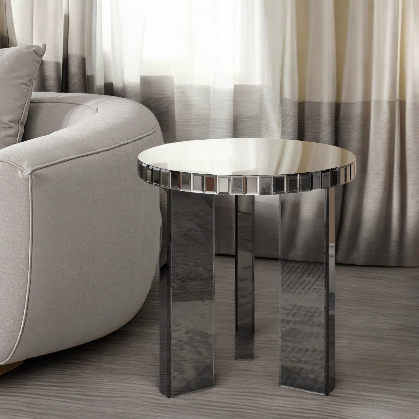 20'' Silver And Black Faux Marble And Glass Round Mirrored End Table