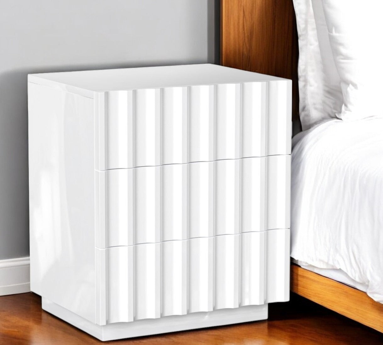 20'' Black Three Drawer Ribbed Texture Wood Lighted Nightstand With Storage