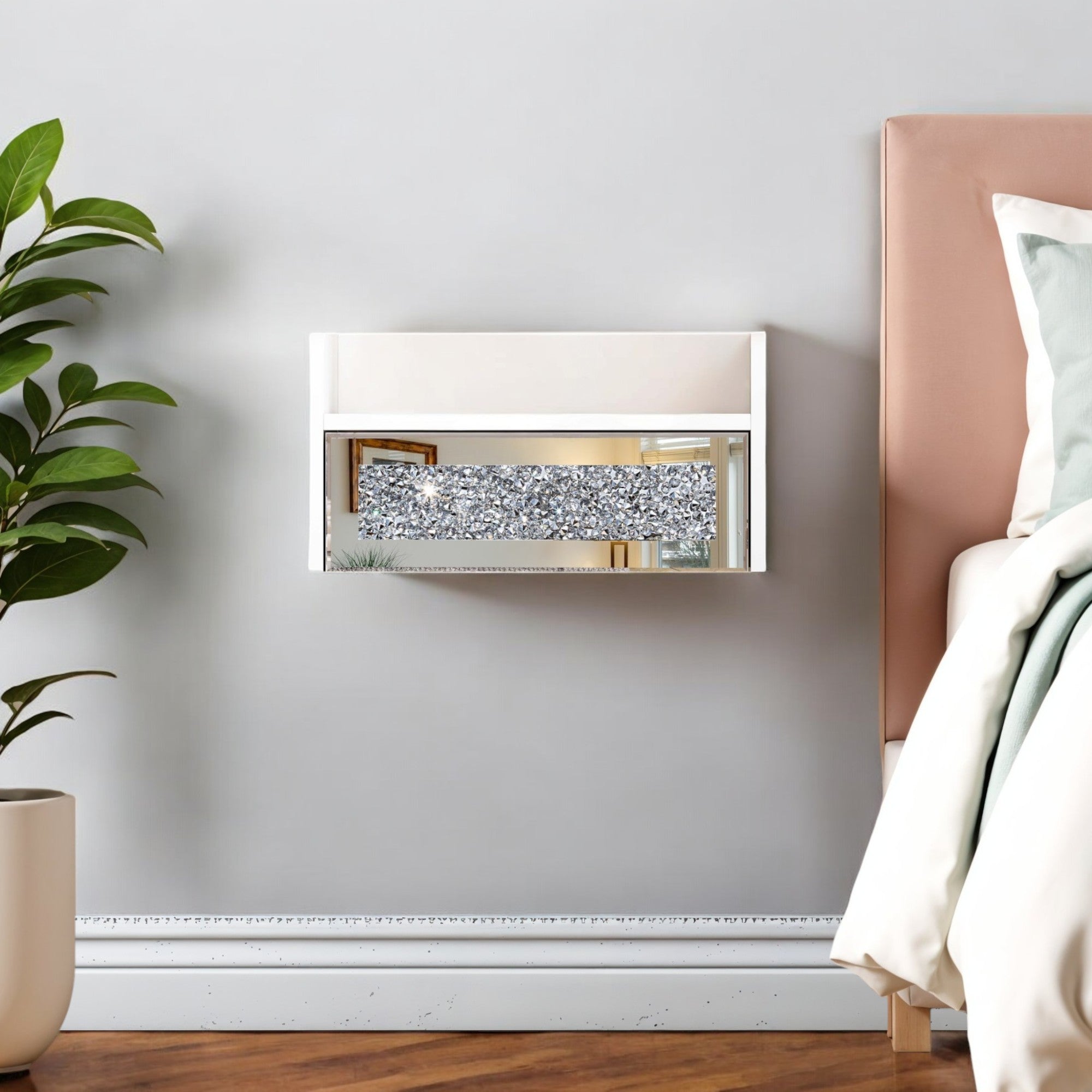 14'' White Wood Faux Crystal Bling And Mirrored Glass One Drawer Floating Nightstand