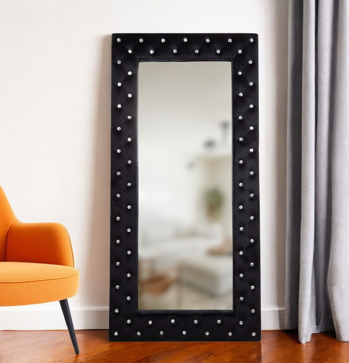 71'' Black Wood and Faux Crystal Framed Freestanding and Wall Mount Standing Mirror