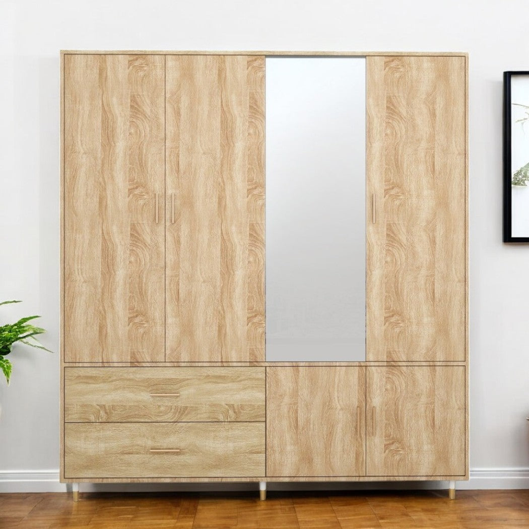 71 Natural Wood Mirrored Four Door Two Drawer Combo Dresser