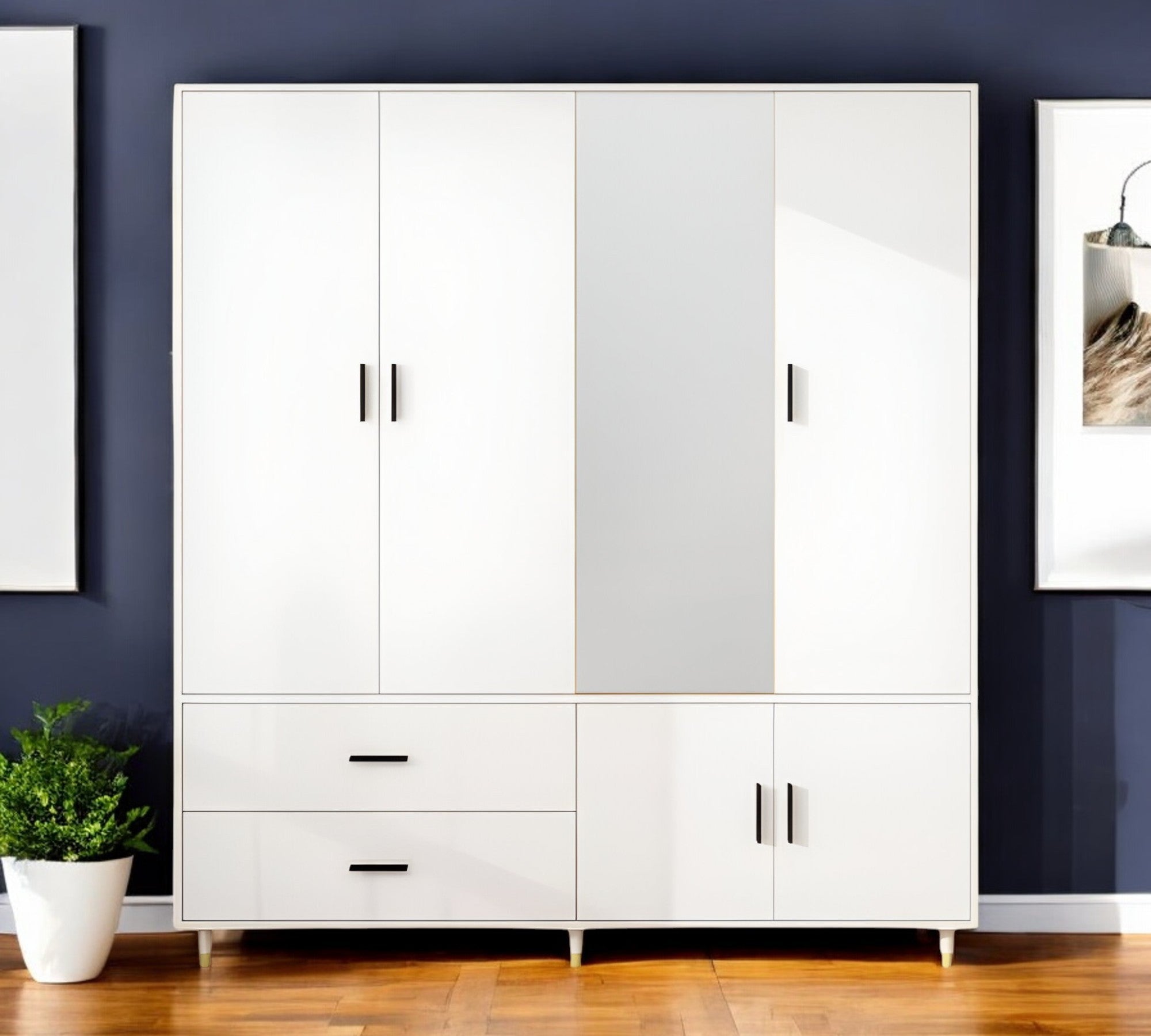71 White Mirrored Five Door Two Drawer Combo Dresser