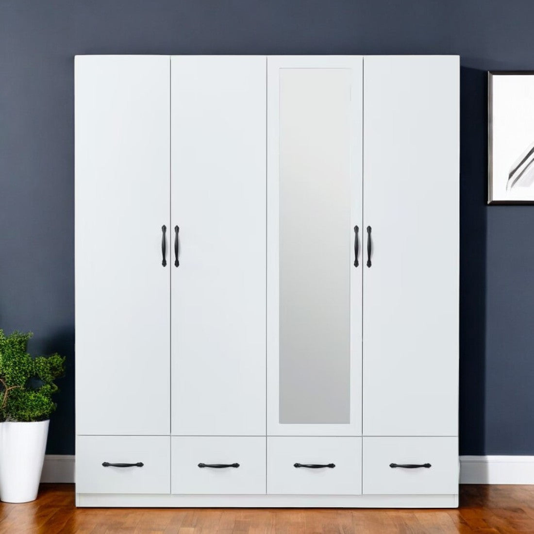 74 White Mirrored Four Door Four Drawer Combo Dresser