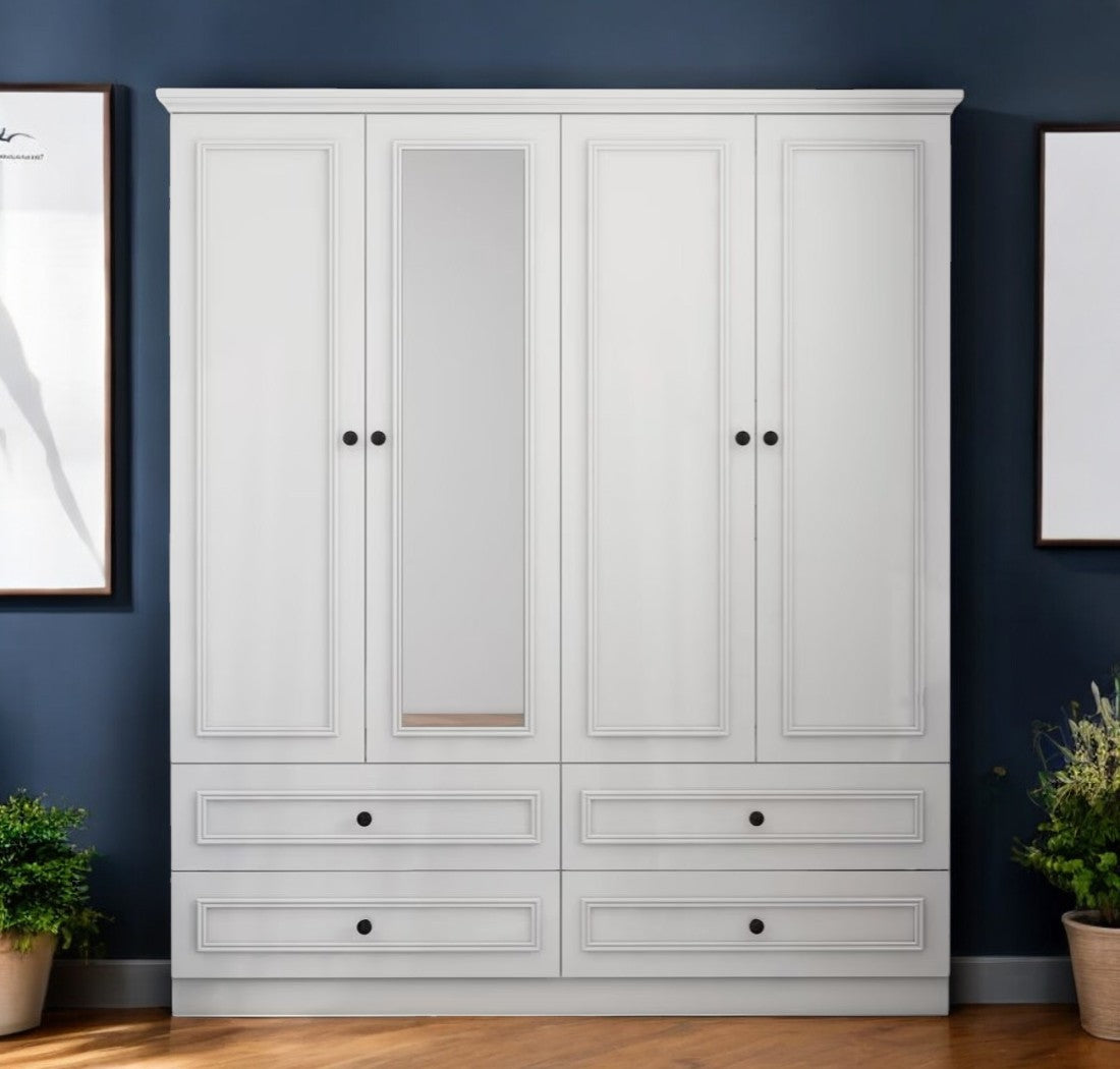 71 White Carved Geometric Mirrored Four Door Four Drawer Combo Dresser