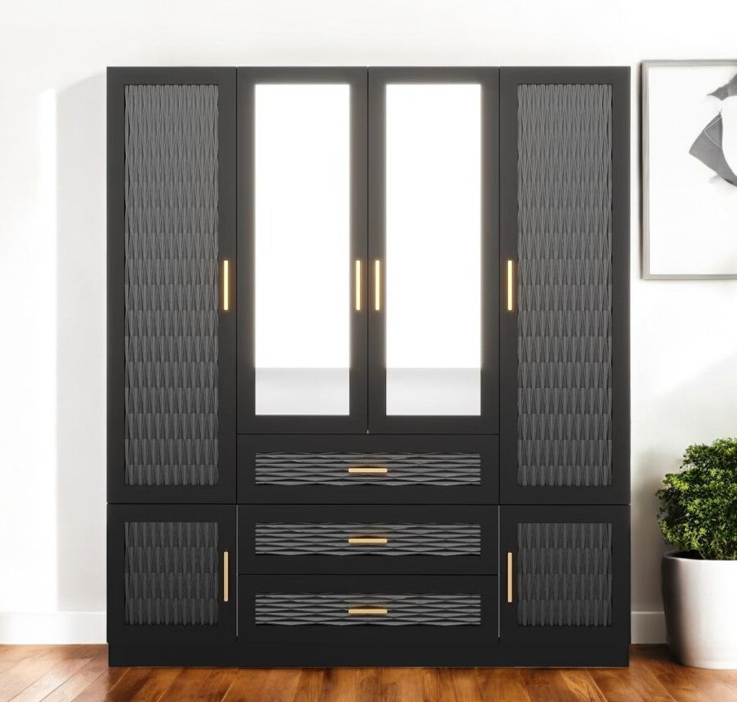 71 Black Gray And Gold Carved Geometric Mirrored Six Door Three Drawer Combo Dresser