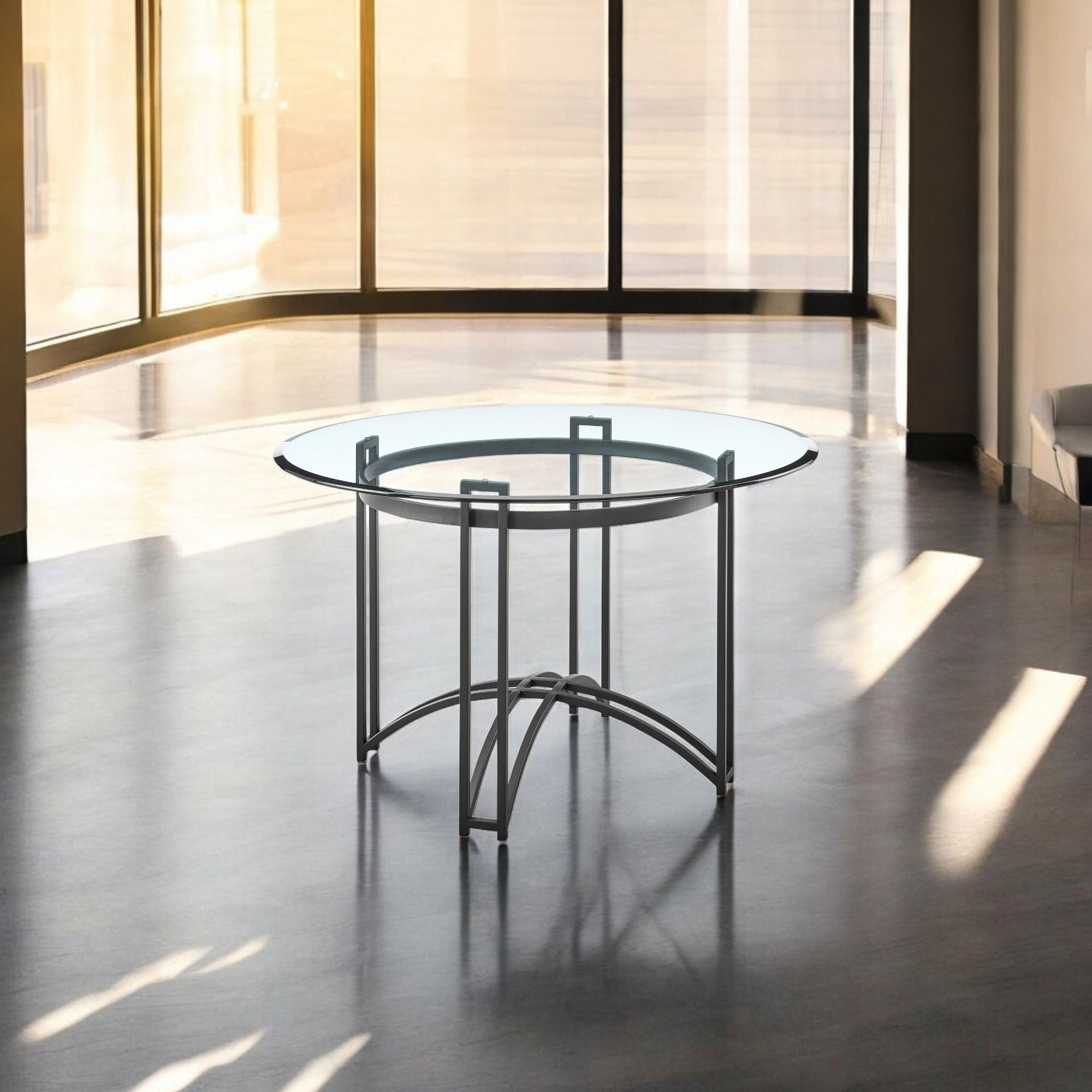 48 Clear And Black Glass And Iron Round Top Dining Table