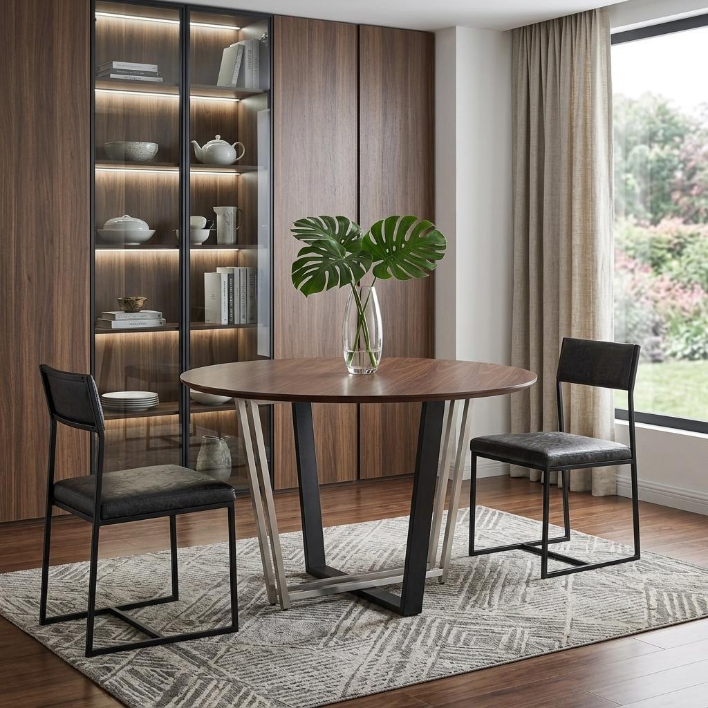 48 Brown And Black Iron Sled Base Round Top Dining Table