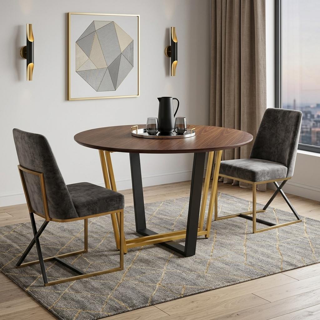 48 Brown And Gold Iron Sled Base Round Top Dining Table
