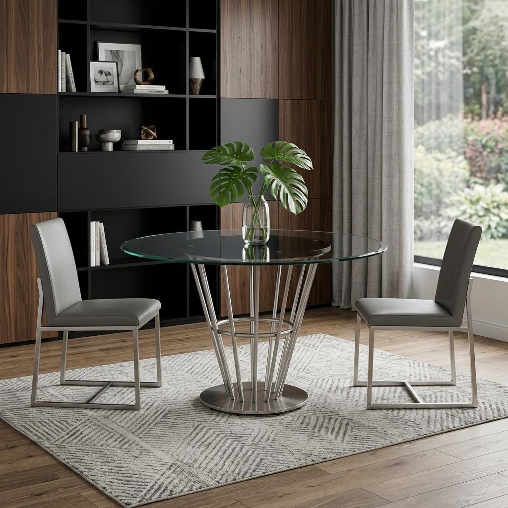 48 Clear And Silver Glass And Stainless Steel Pedestal Base Round Top Dining Table