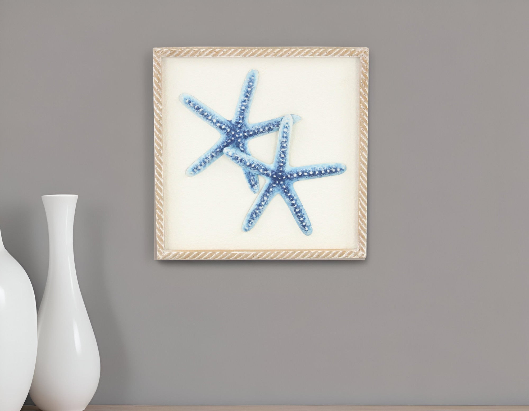Blue and White Distressed Metal Starfish Framed Wall Art