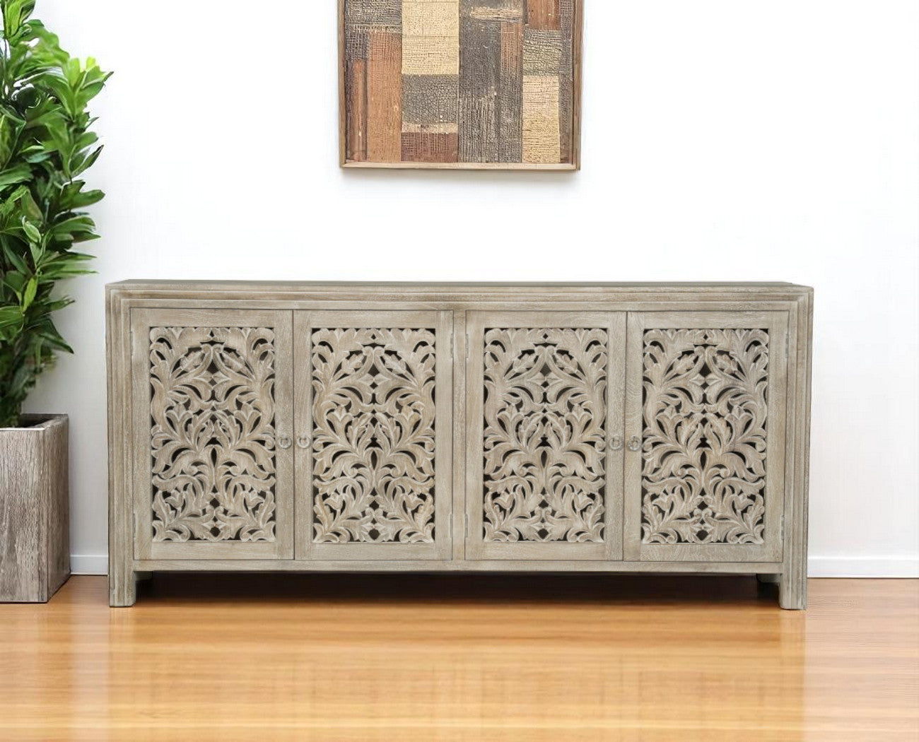 78 Gray Distressed Solid Wood Carved Floral Sideboard with Four Doors