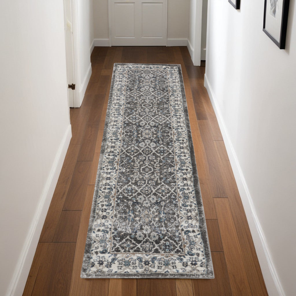 8' Gray Floral Power Loom Runner Rug