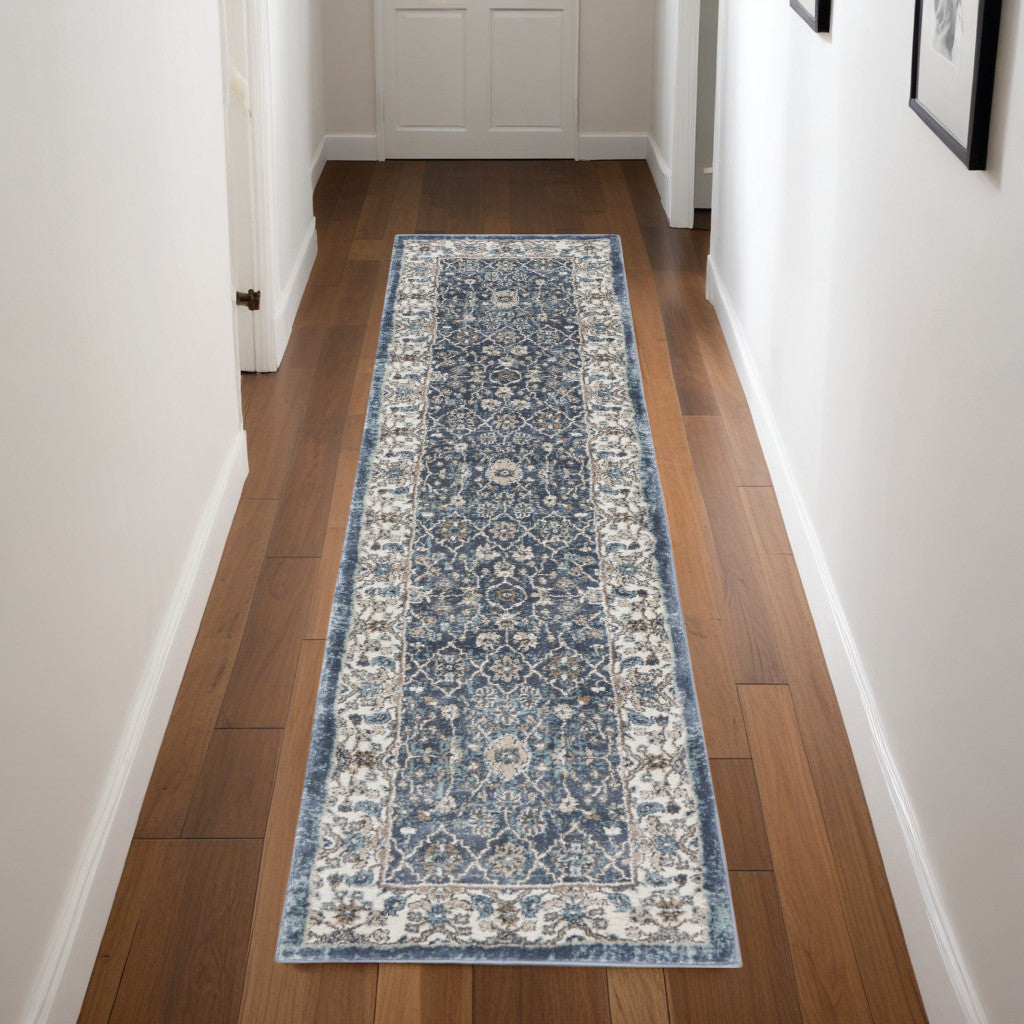 8' Blue Floral Power Loom Runner Rug