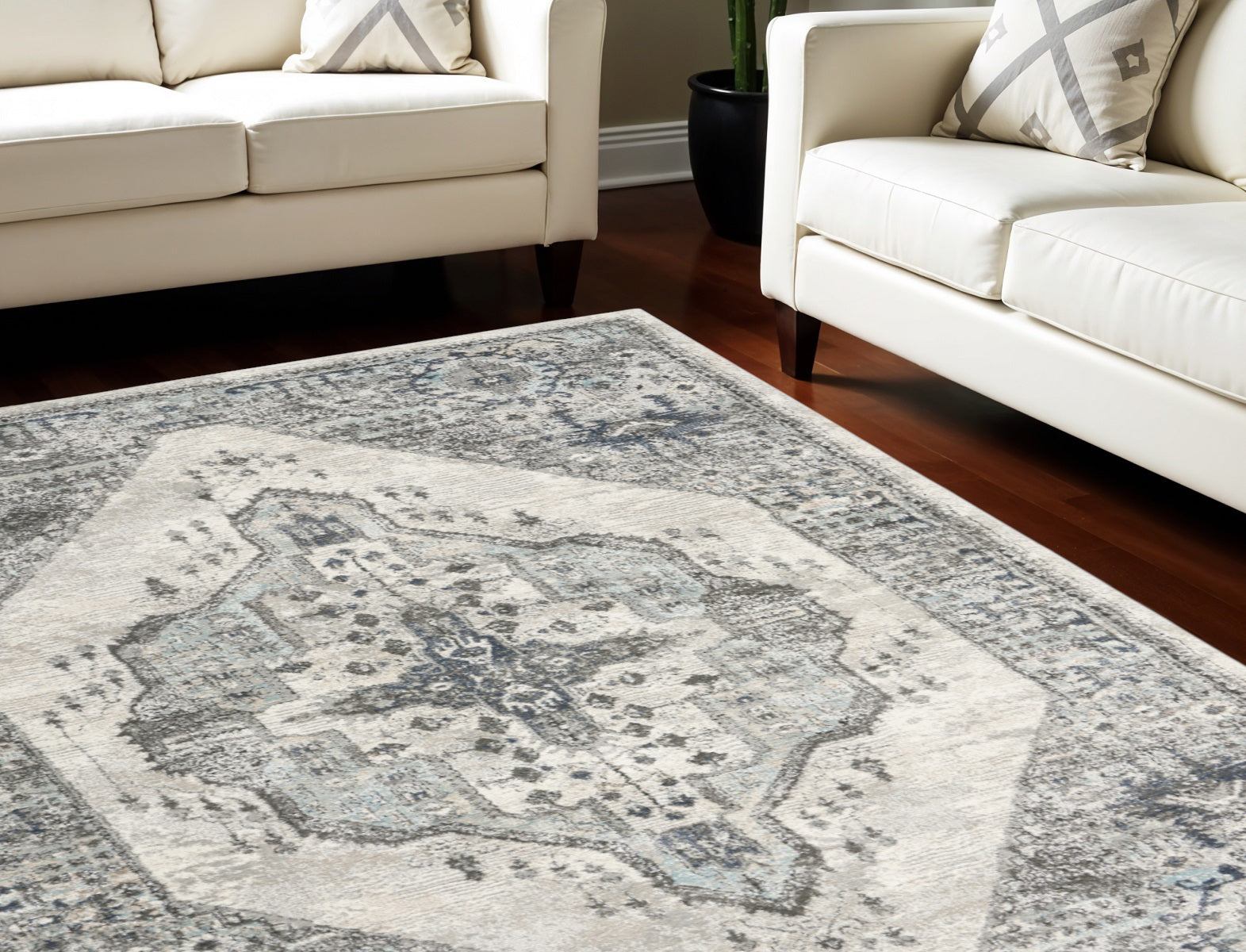 8' X 10' Gray Floral Power Loom Distressed Area Rug