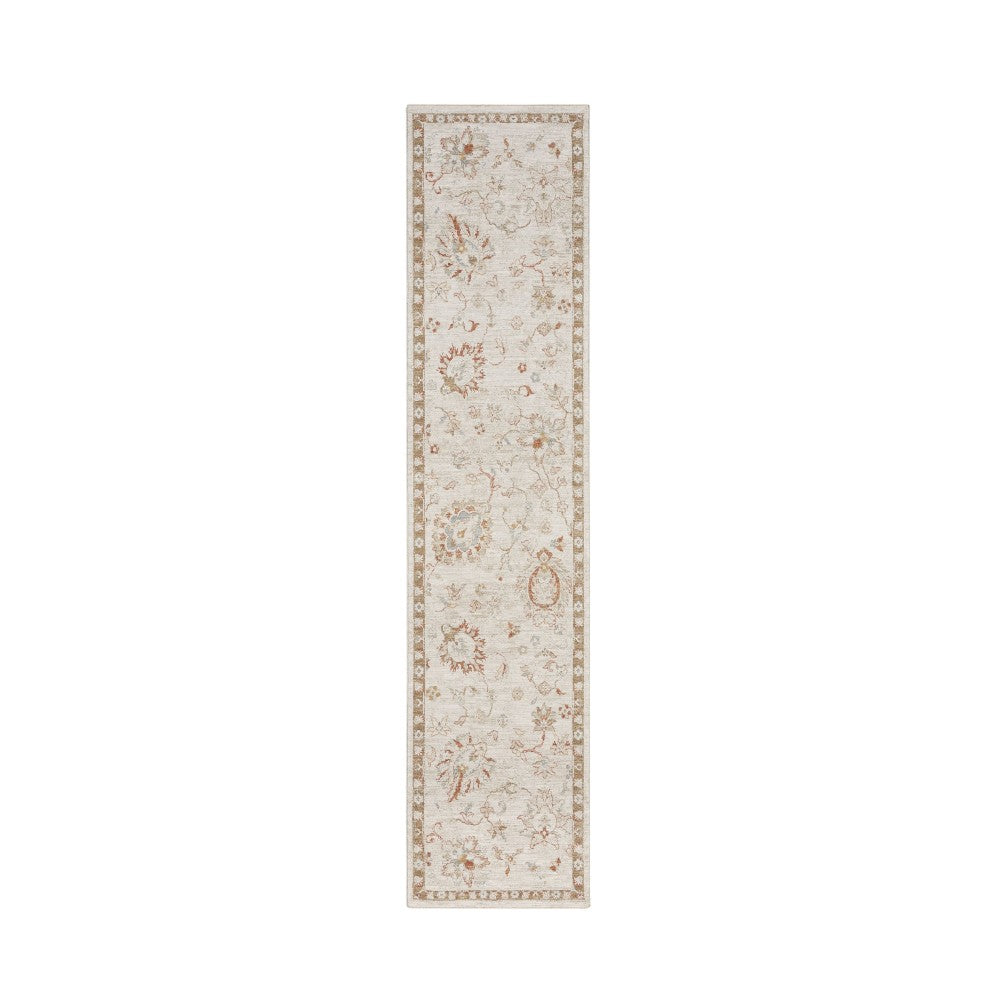 10' Ivory Floral Power Loom Distressed Runner Rug