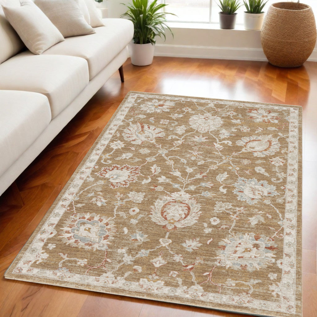 5' X 8' Brown Floral Power Loom Distressed Area Rug