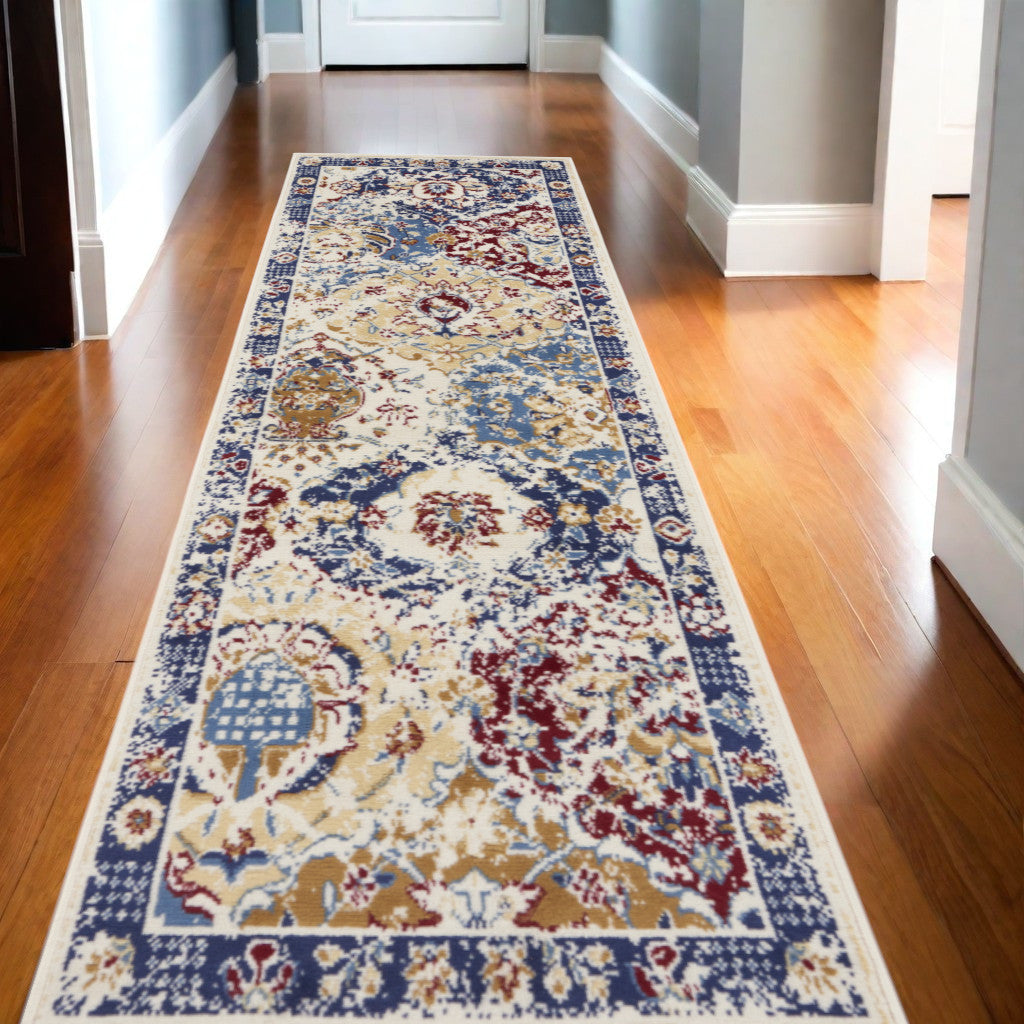10' Ivory Red and Blue Ogee Distressed Runner Rug