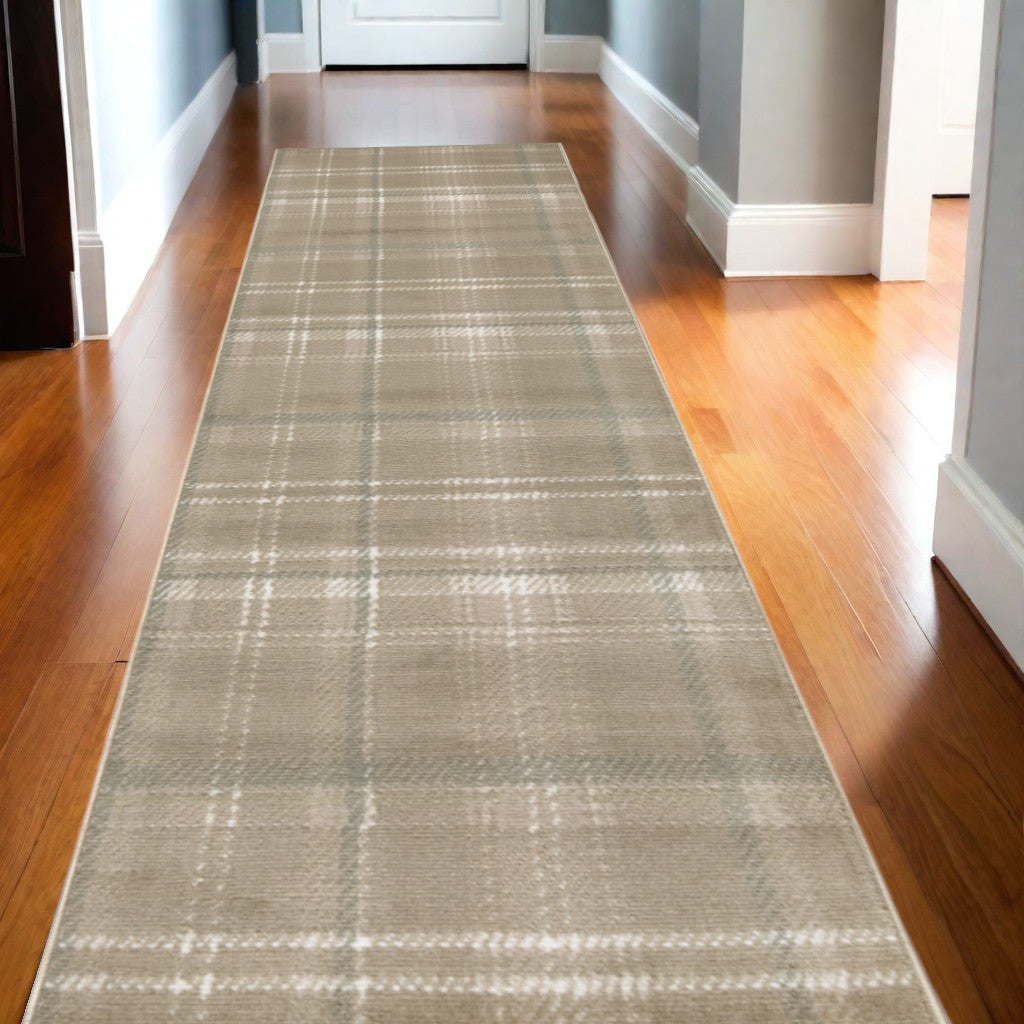 10' Taupe and Ivory Plaid Runner Rug