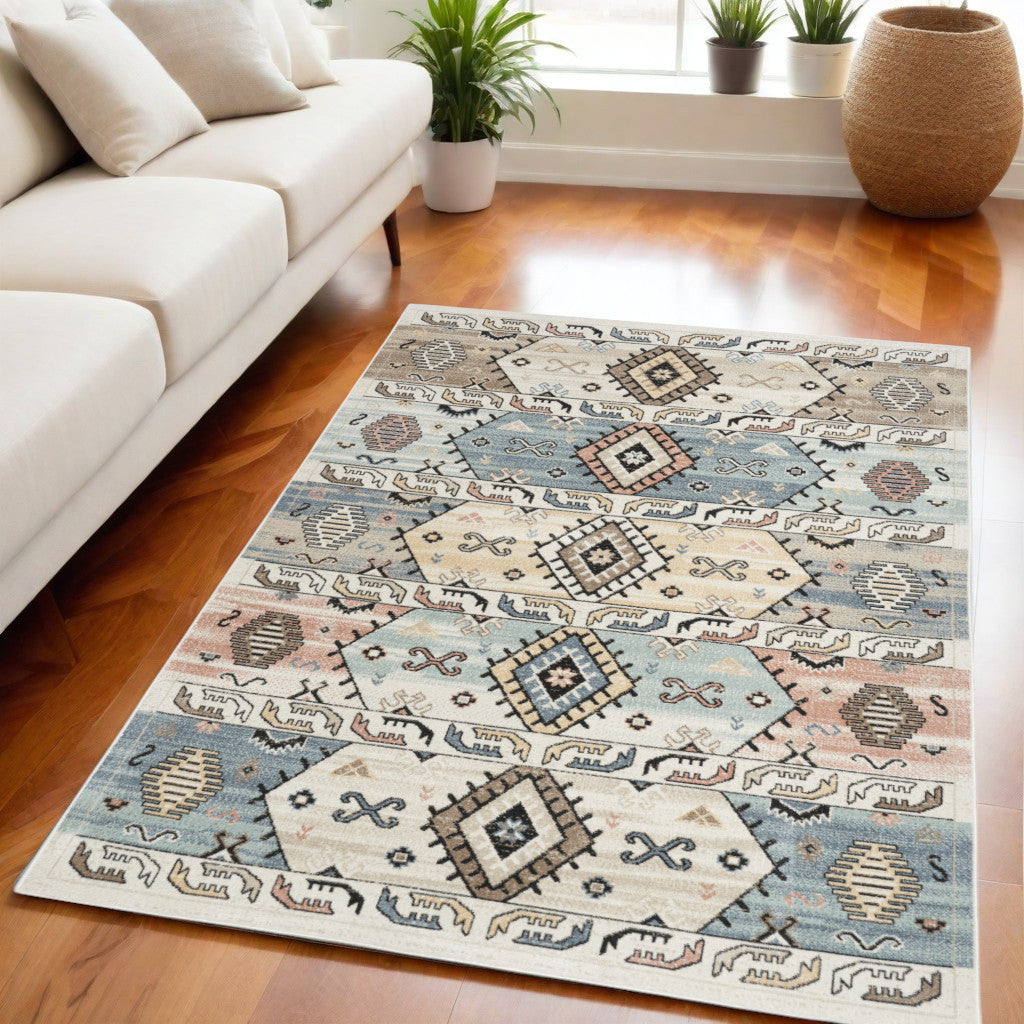 5' X 7' Ivory Tan And Blue Geometric Flatweave Area Rug