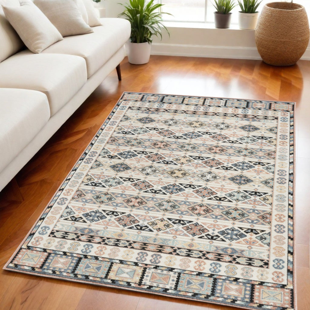 5' X 7' Ivory Tan And Black Geometric Flatweave Area Rug