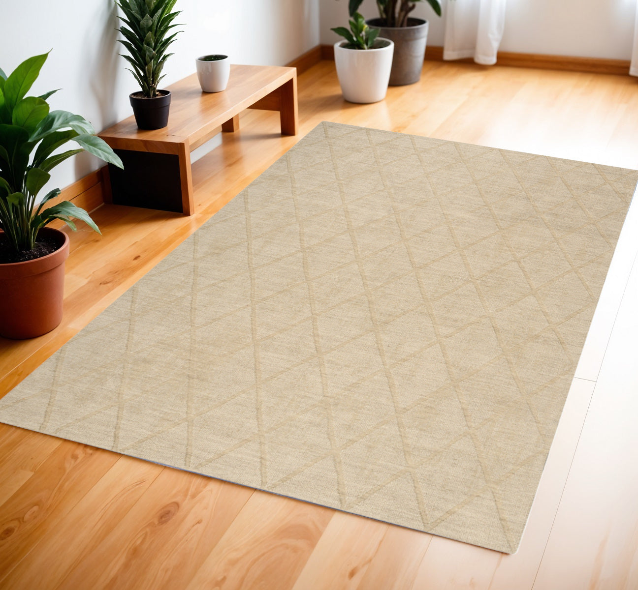 4' X 6' Beige Wool Geometric Area Rug