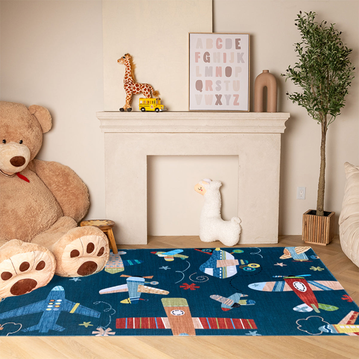 4' X 6' Navy Red and Orange Juvenile Airplanes Youthful Area Rug