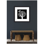 Framed Art Black and White Bird Tree Linocut by Giuliana Lazzerini