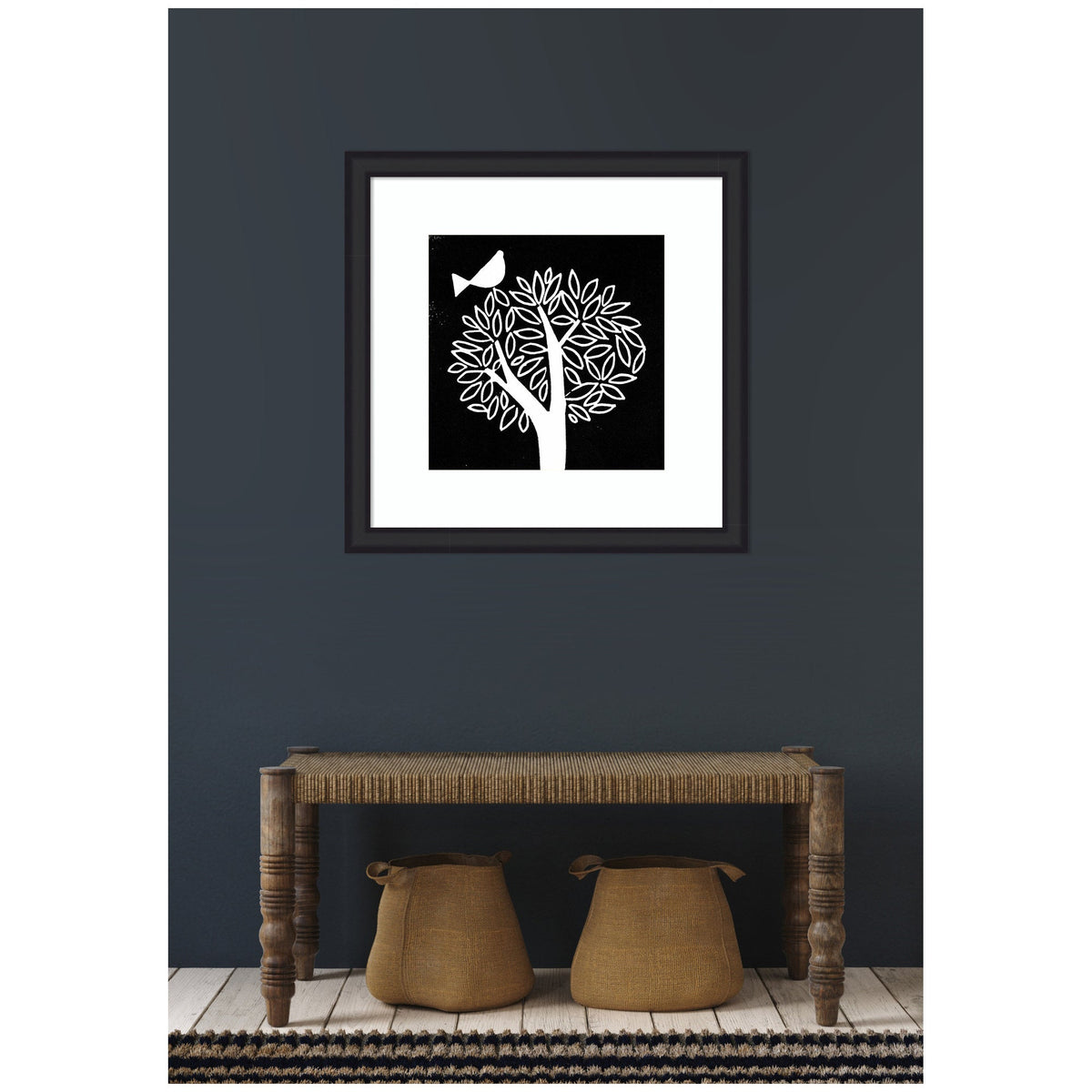 Framed Art Black and White Bird Tree Linocut by Giuliana Lazzerini