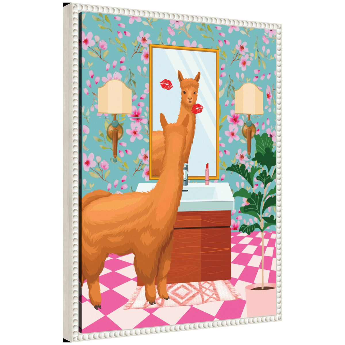 Sylvie Maximalist Llama Bathroom Mirror Framed Canvas by Honey Island Studio