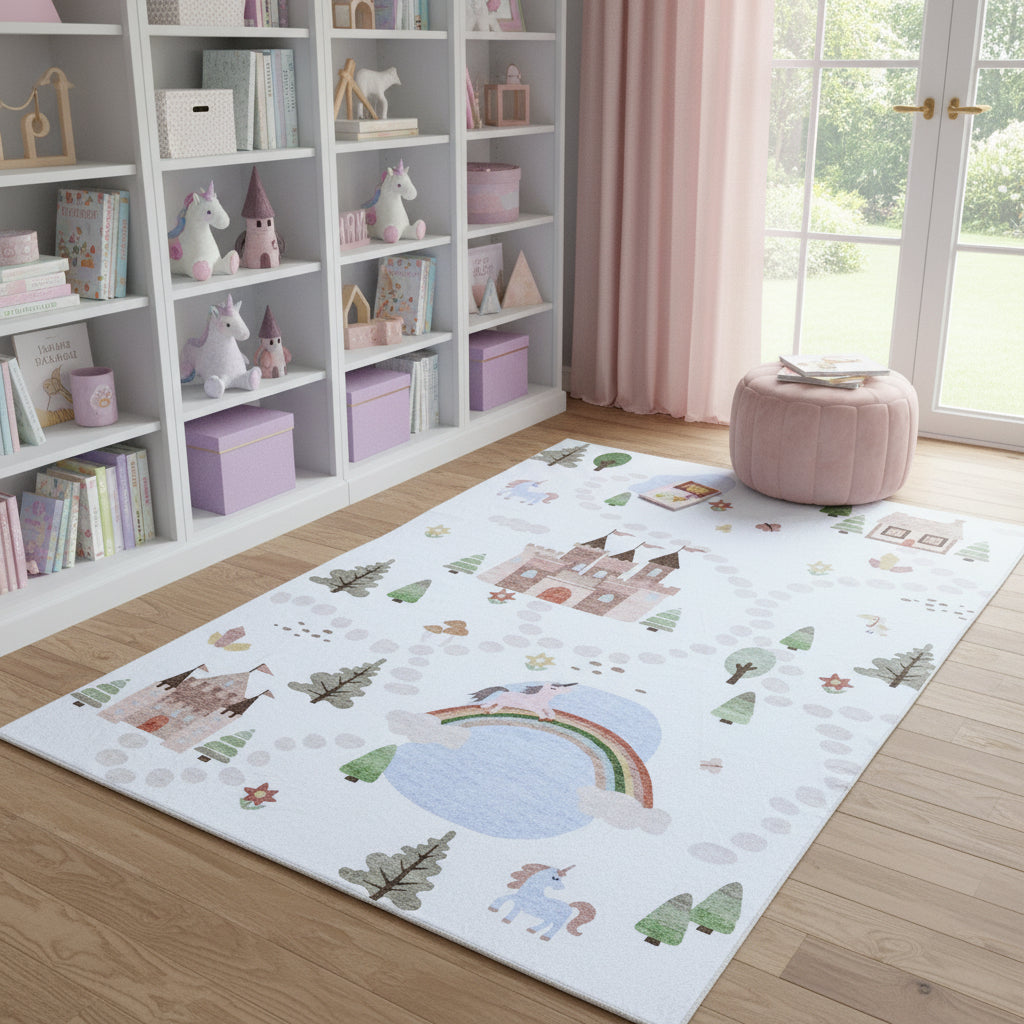 4 X 6 Off White Brown Green And Blue Castle and Rainbow Youthful Area Rug