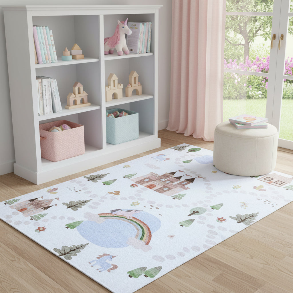8 X 11 Off White Brown Green And Blue Castle and Rainbow Youthful Area Rug