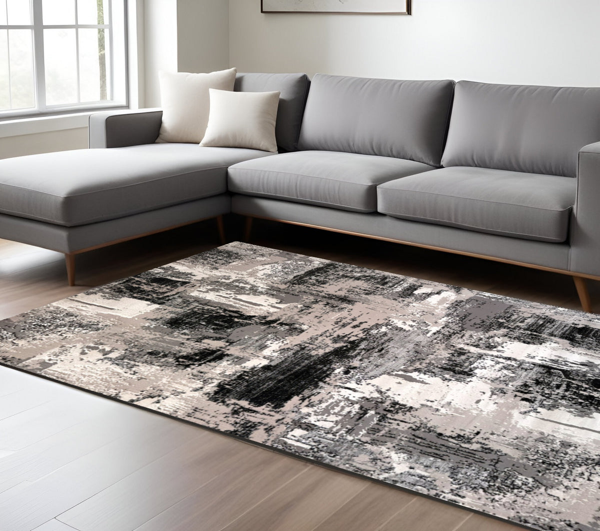 8' X 11' Black Gray and Beige Abstract Area Rug