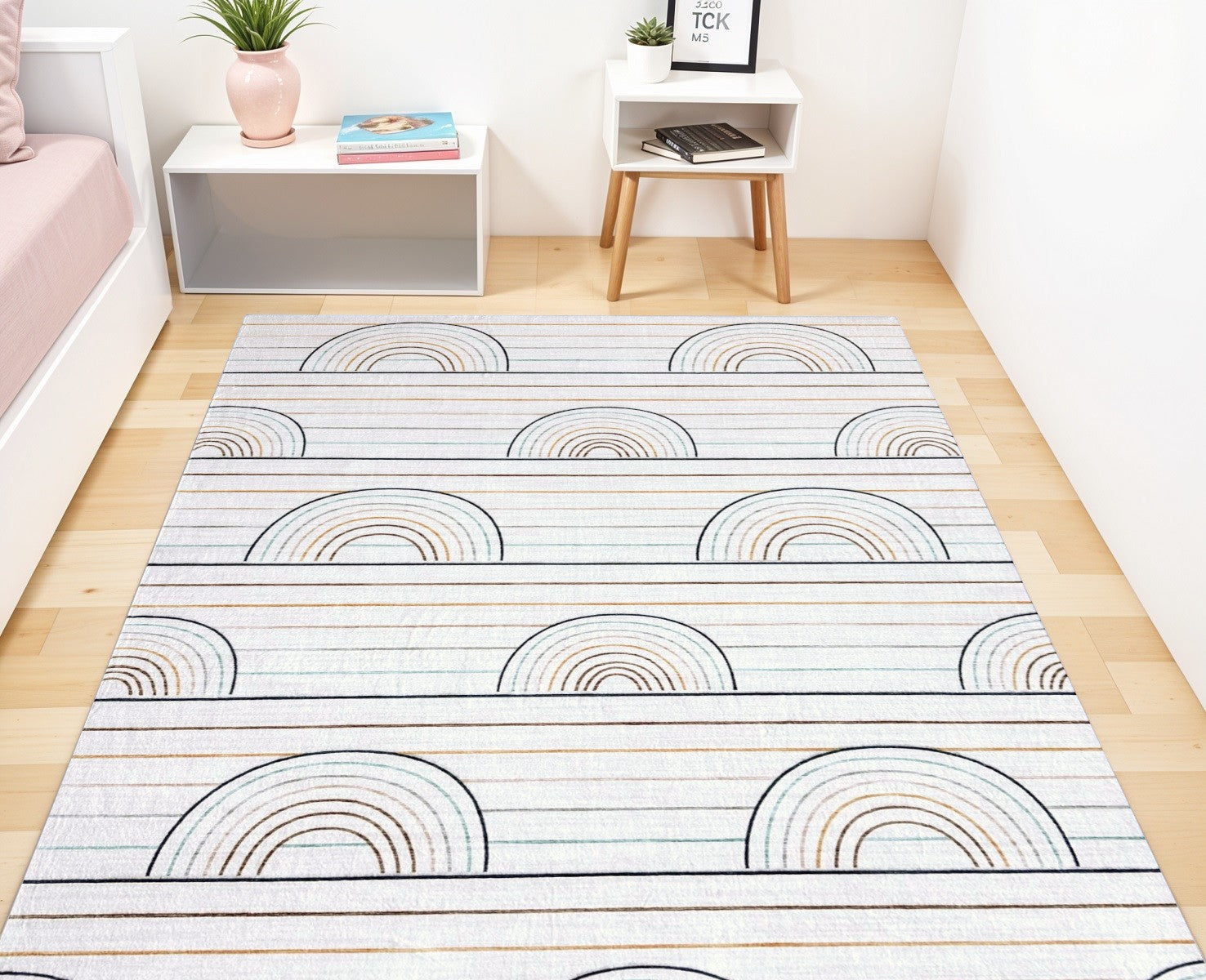 8' X 11' Ivory Blue and Yellow Juvenile Rainbows Youthful Area Rug