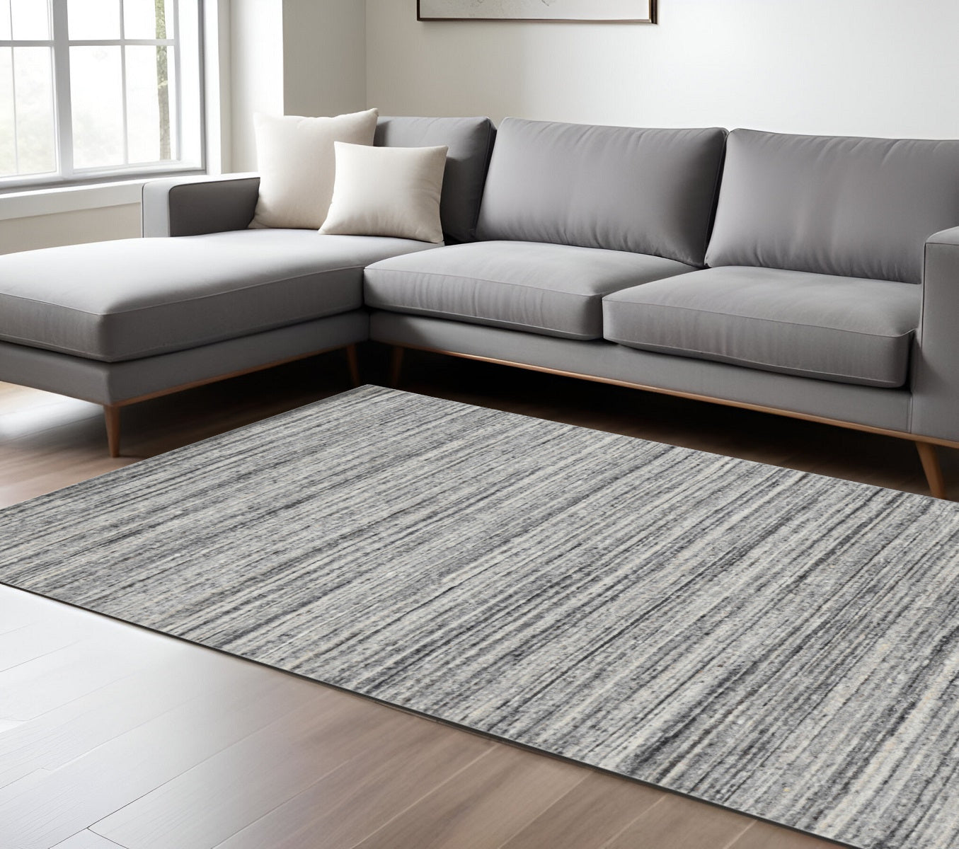 12 X 15 Ivory Gray And Black Wool Striped Hand Woven Area Rug