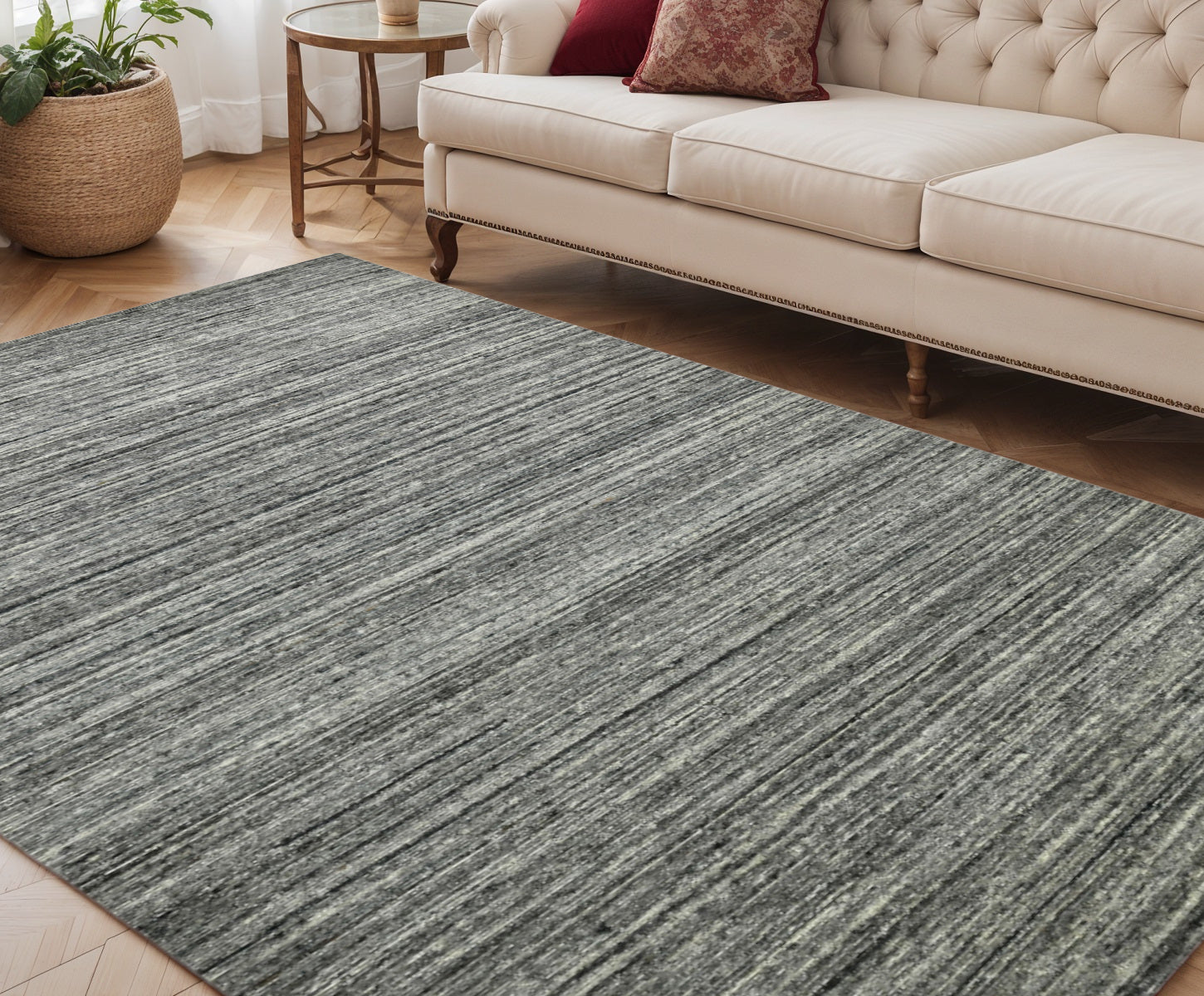 5 X 8 Dark Gray And Ivory Wool Striped Hand Woven Area Rug