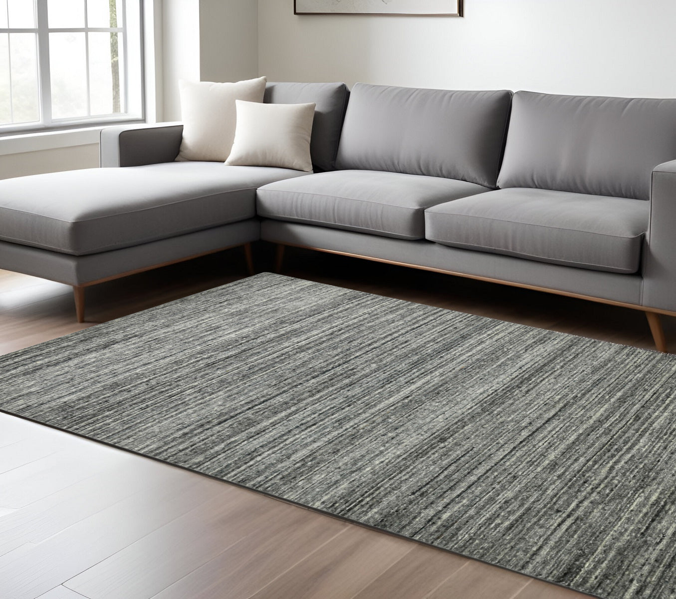 10 X 14 Dark Gray And Ivory Wool Striped Hand Woven Area Rug