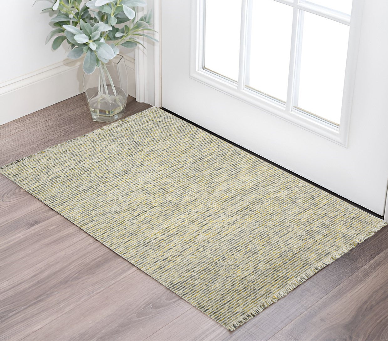 2 X 3 Gold Ivory And Gray Wool Striped Hand Woven Area Rug With Fringe