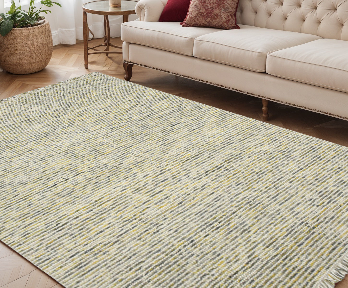 5 X 7 Gold Ivory And Gray Wool Striped Hand Woven Area Rug With Fringe